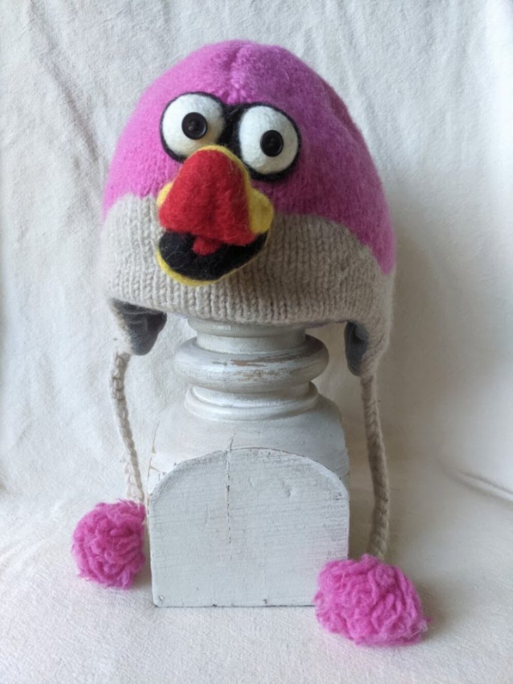 Hand Knitted Kids Pink Bird Wool Hat Sesame Street Big Bird Hat Lined Knit Cap